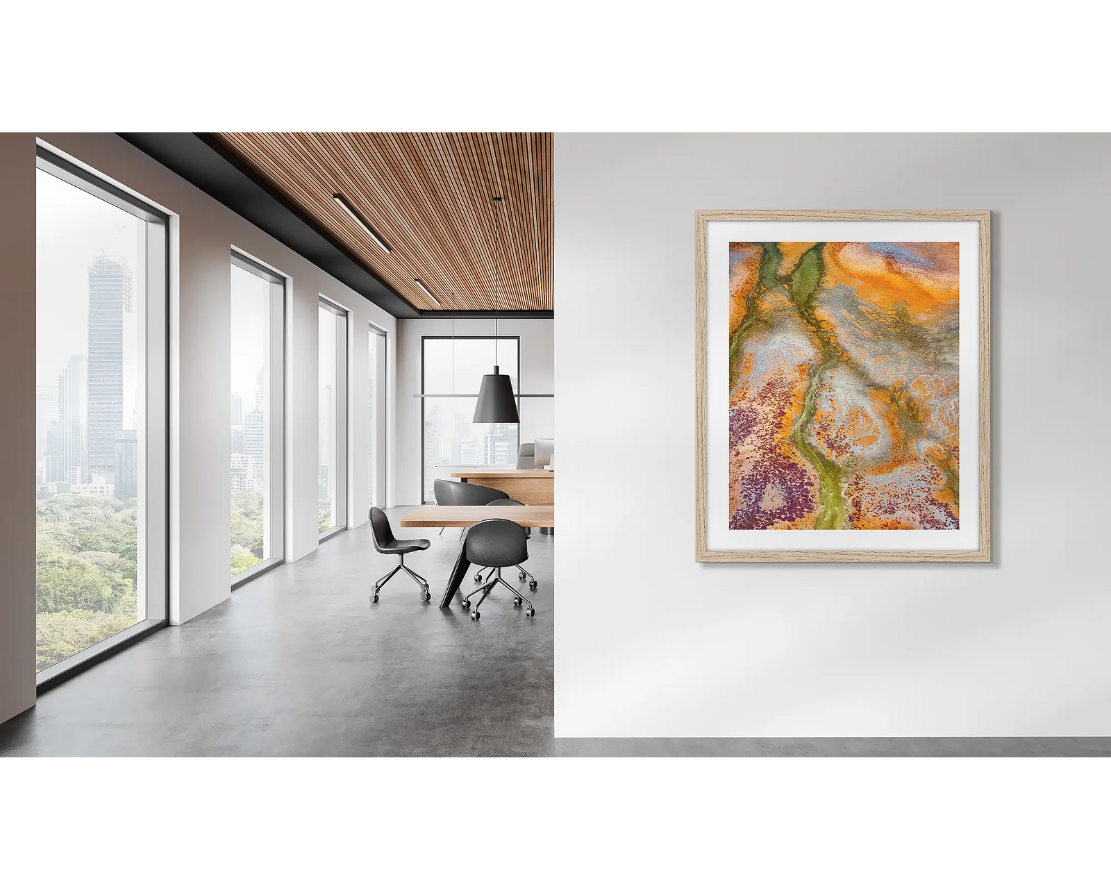 Collision. Framed Kimberley abstract artwork in a modern office. 