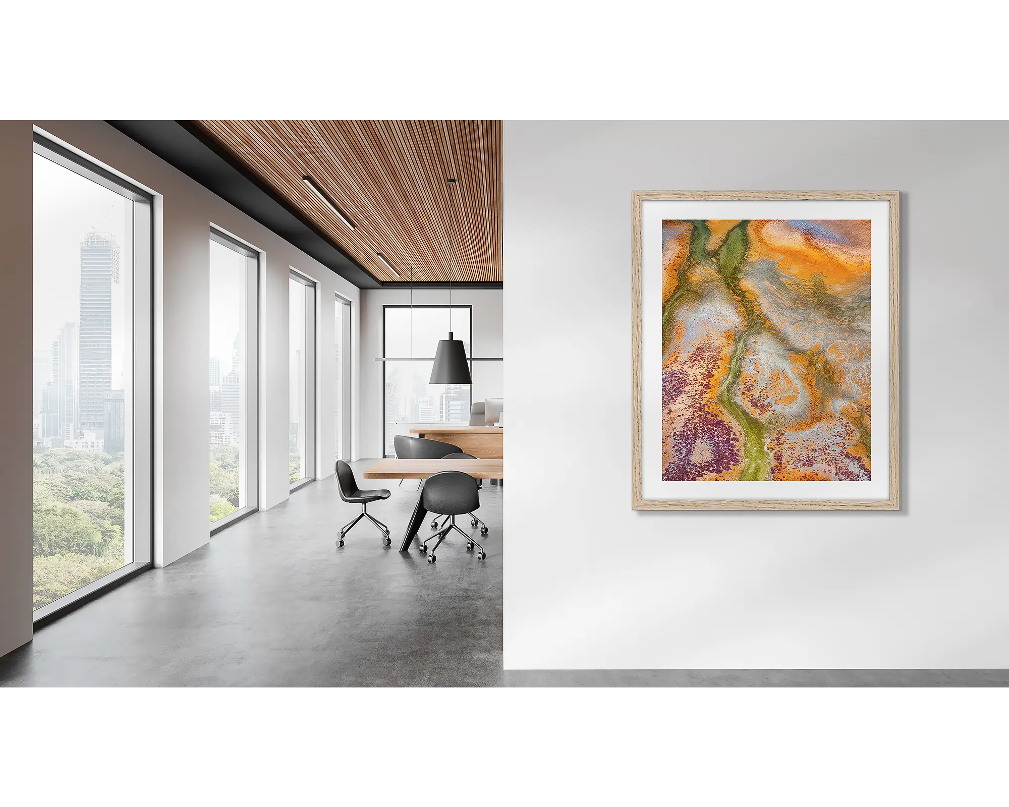 Collision. Framed Kimberley abstract artwork in a modern office. 