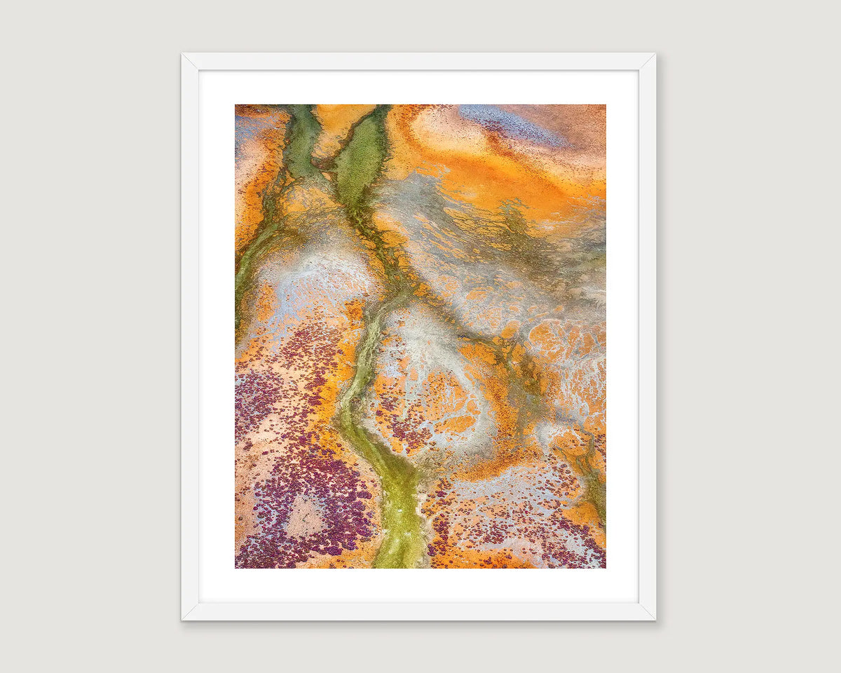 Framed abstract wall art print of an aerial view of the tidal patters of Roebuck Bay.  