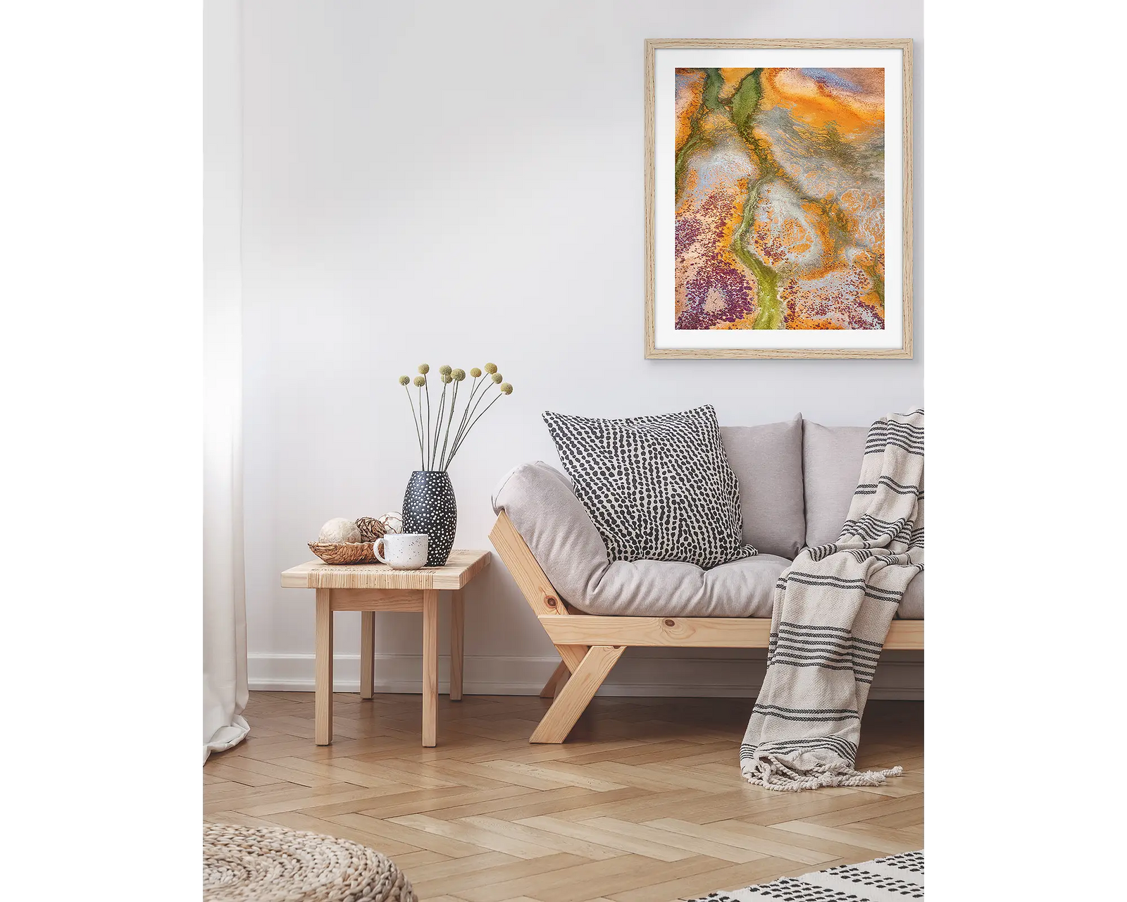 Framed abstract wall art print of an aerial view of the tidal patters of Roebuck Bay.  