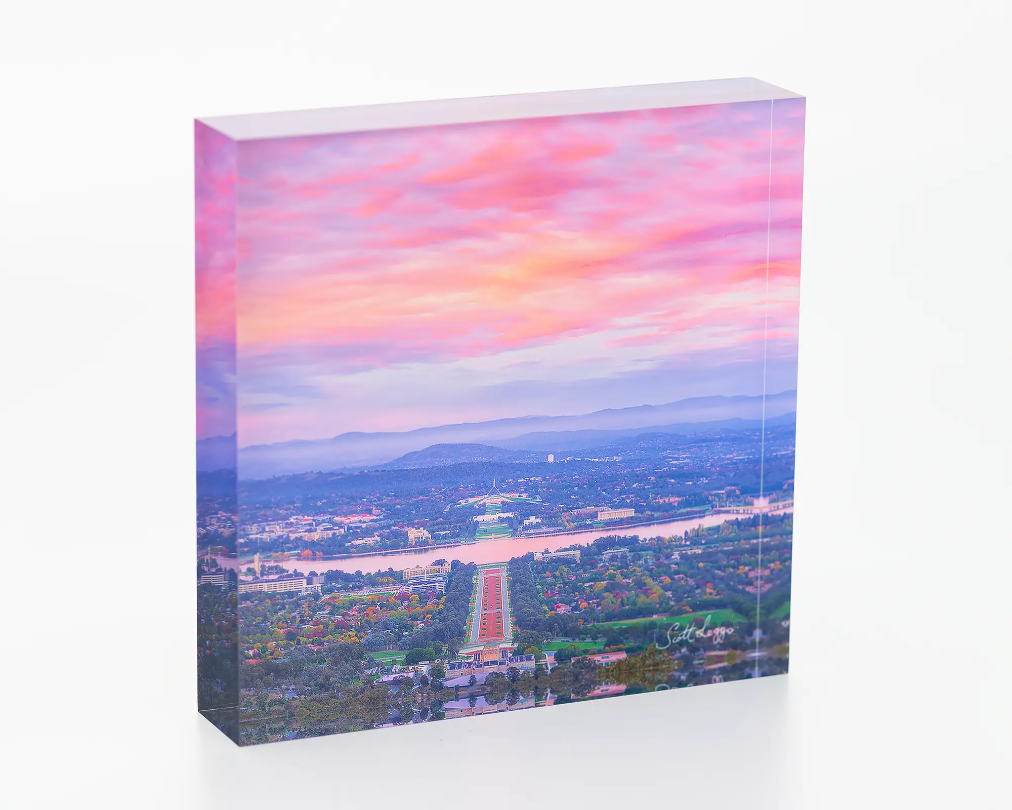 Colours Of Canberra acrylic block of colourful sunrise over Canberra.