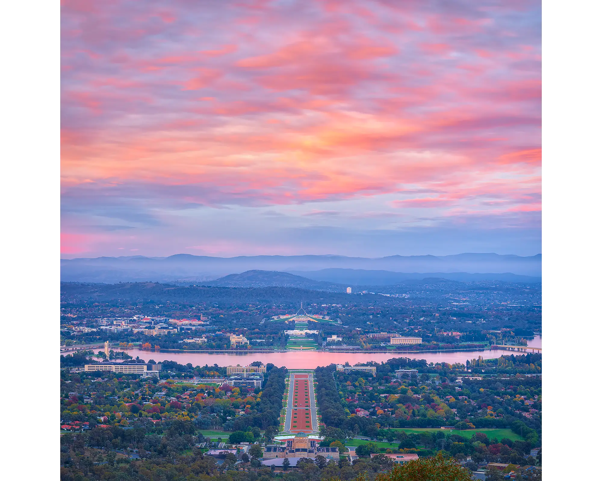 Colours Of Canberra. Pink clouds over Canberra at sunrise.