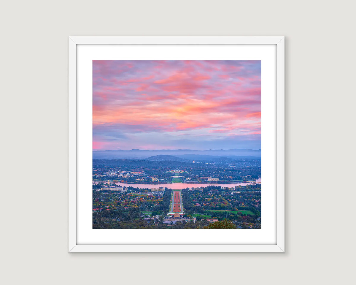 Framed photograph of an aerial view of Canberra from the War Memorial to Parliament House, taken from Mount Ainslie. 