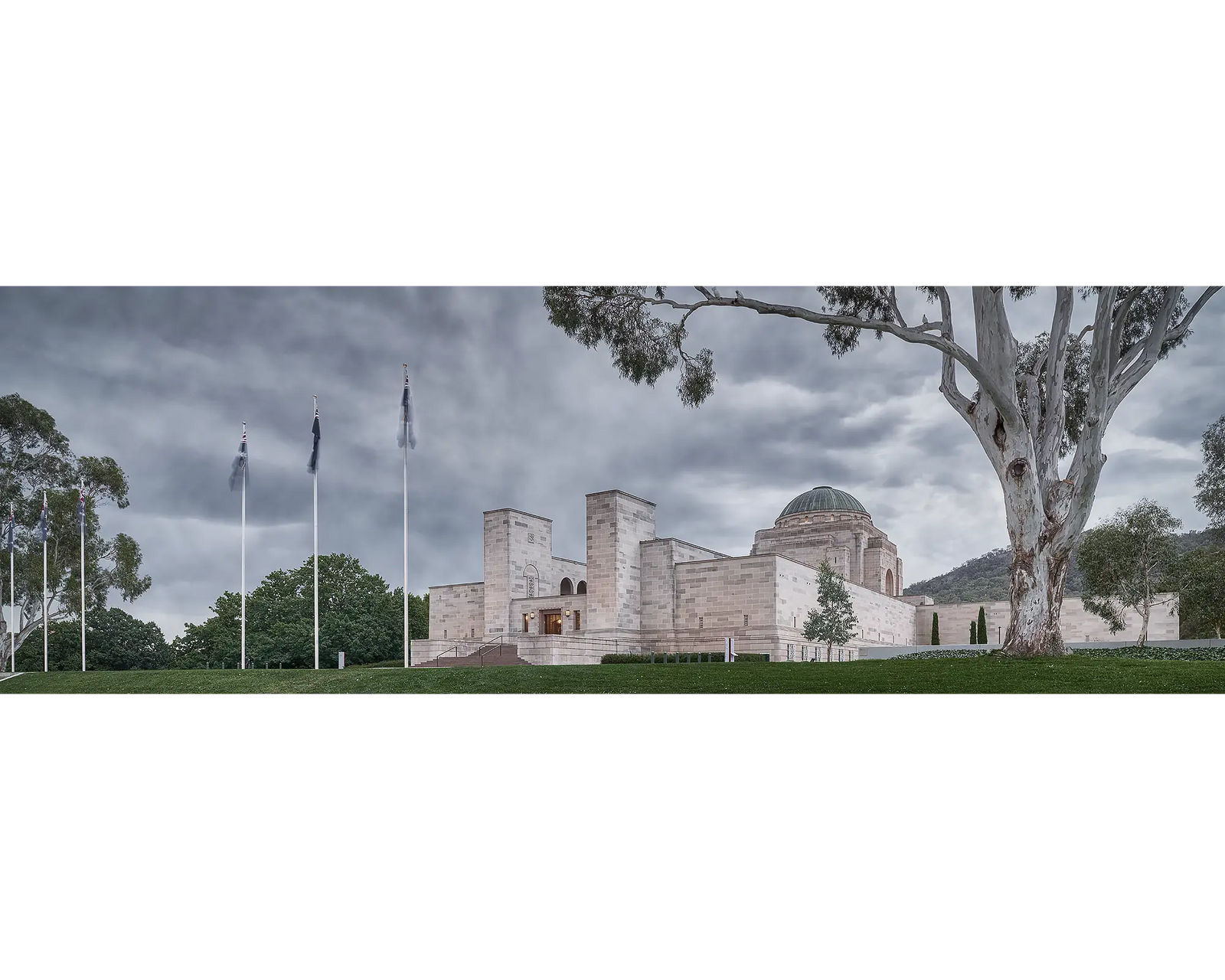 Commemorating Sacrifice. Side view with gum trees, Australian War Memorial, Canberra.