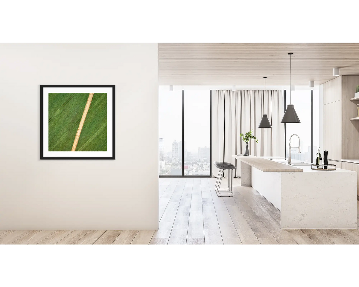 Configuration. Framed wall art print of crops viewed from above, with a black frame, hung on a hallway wall. 