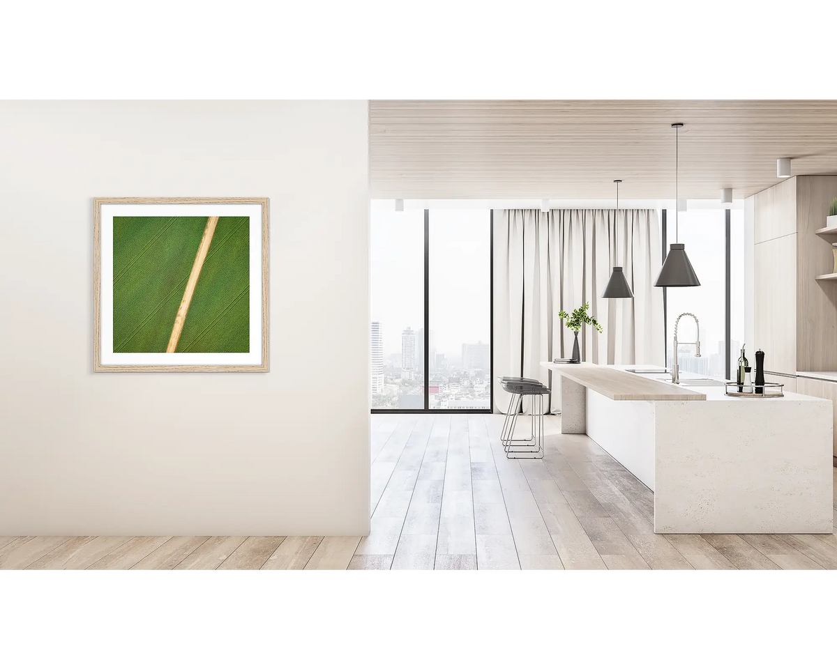 Configuration. Framed wall art print of crops viewed from above, with a timber frame, hung on a hallway wall. 