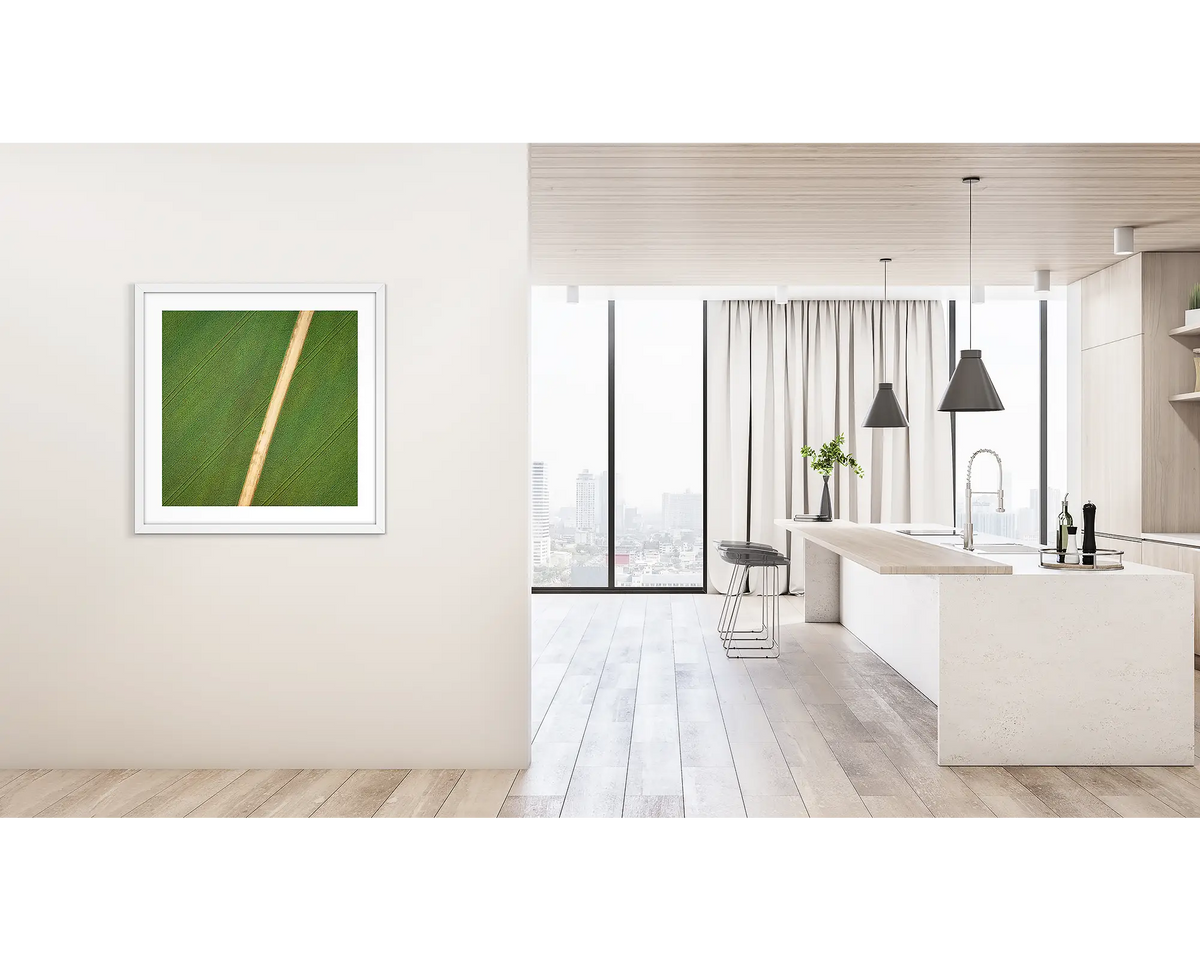 Configuration. Framed wall art print of crops viewed from above, with a white frame, hung on a hallway wall. 