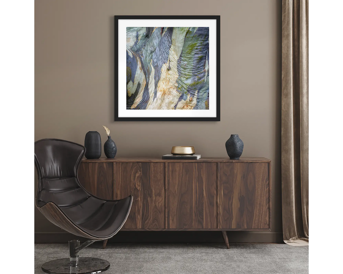 Continuity. Abstract wall art print of snow gum bark on Mount Stirling, framed with a black frame and hung in a lounge room. 