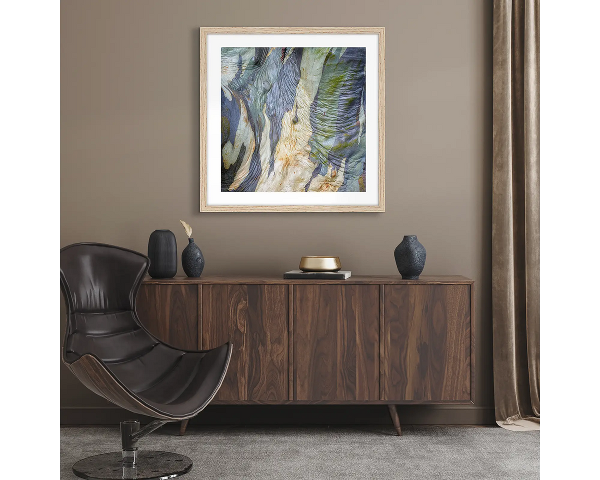 Continuity. Abstract wall art print of snow gum bark on Mount Stirling, framed with a timber frame and hung in a lounge room. 