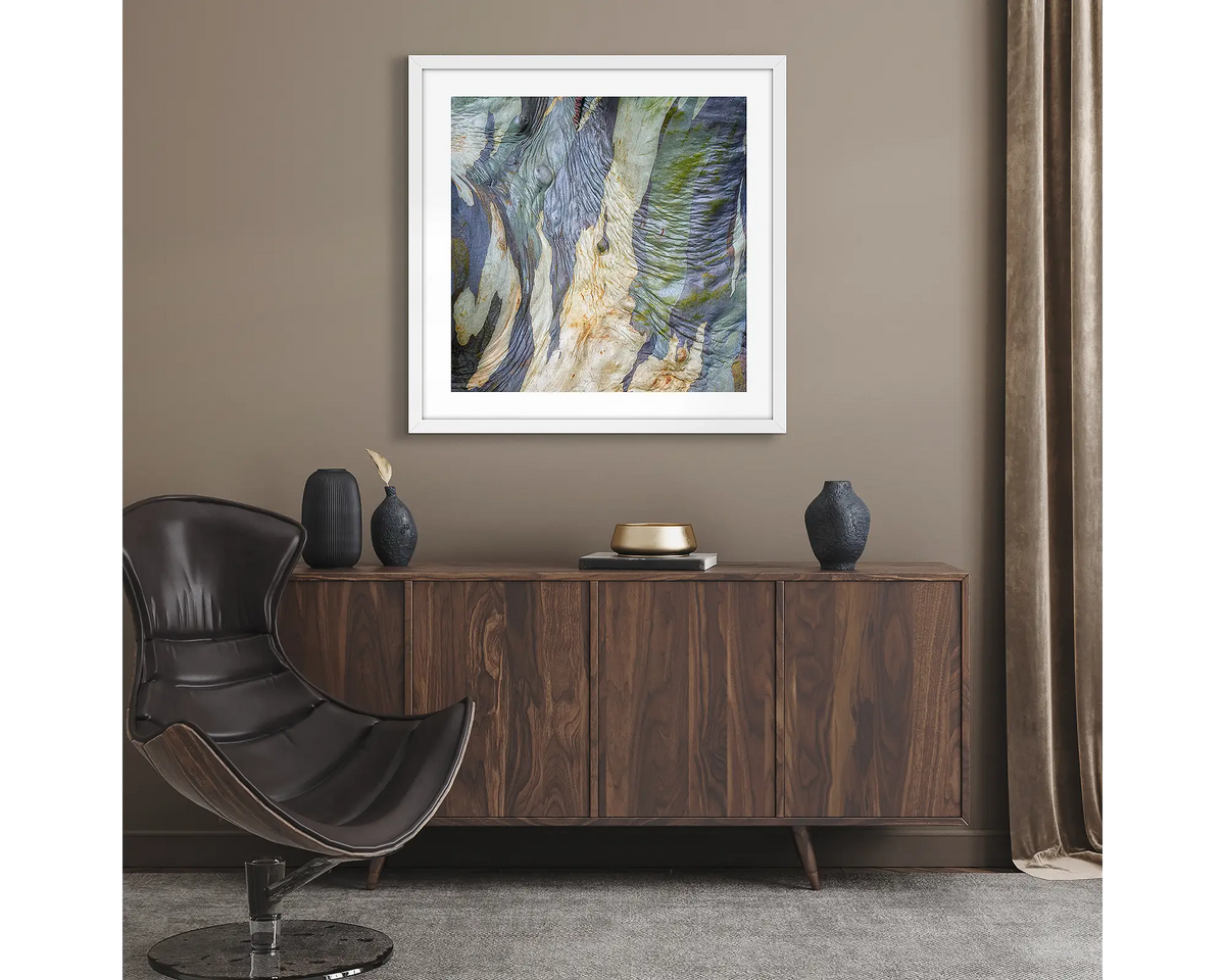 Continuity. Abstract wall art print of snow gum bark on Mount Stirling, framed with a white frame and hung in a lounge room. 