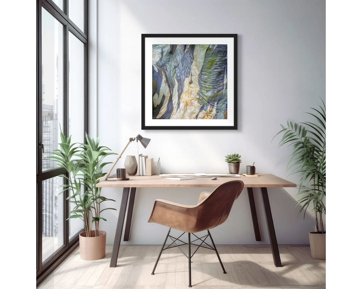 Continuity. Abstract wall art print of wrinkles in snow gum bark, with a black frame, hung on an apartment wall above a small desk. 