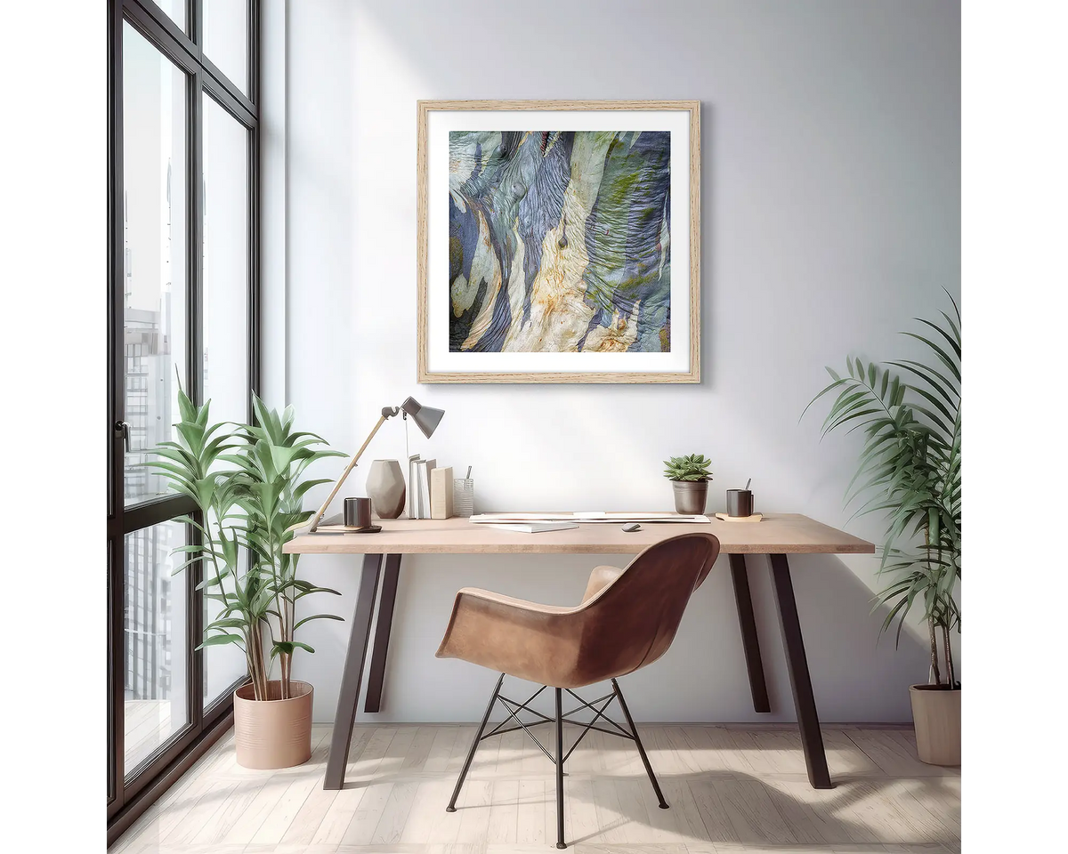 Continuity. Abstract wall art print of wrinkles in snow gum bark, with a timber frame, hung on an apartment wall above a small desk. 