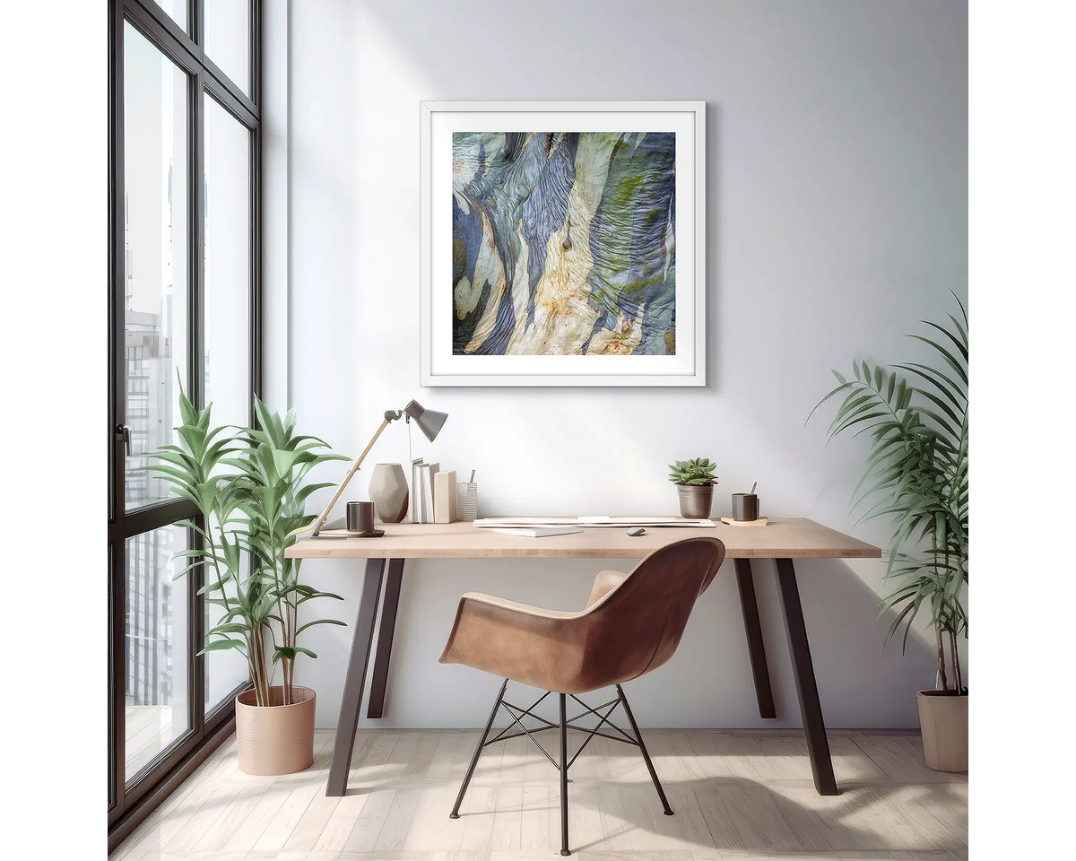 Continuity. Abstract wall art print of wrinkles in snow gum bark, with a white frame, hung on an apartment wall above a small desk. 
