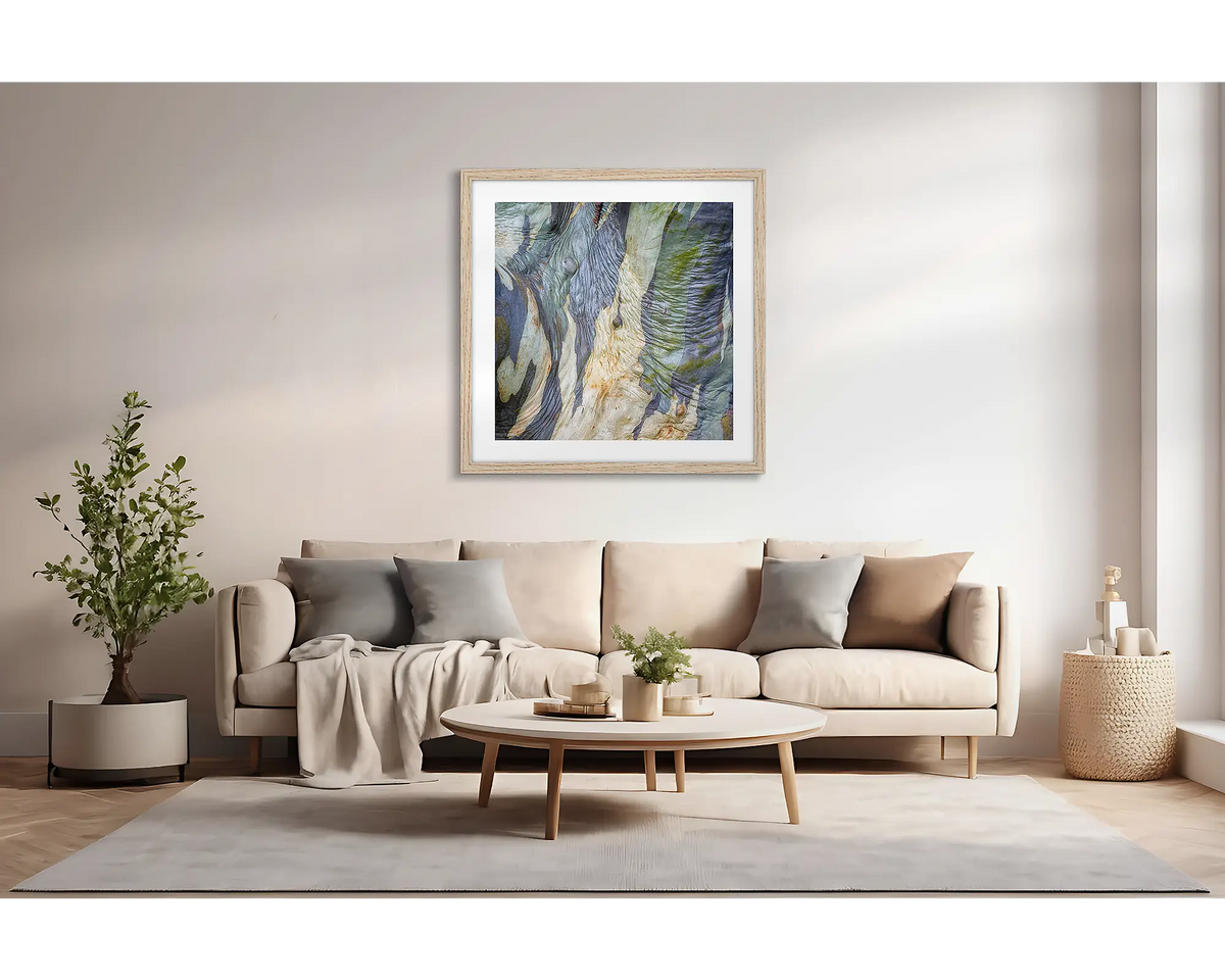 Continuity. Abstract wall art print of snow gum bark, with a timber frame, hung above a couch. 