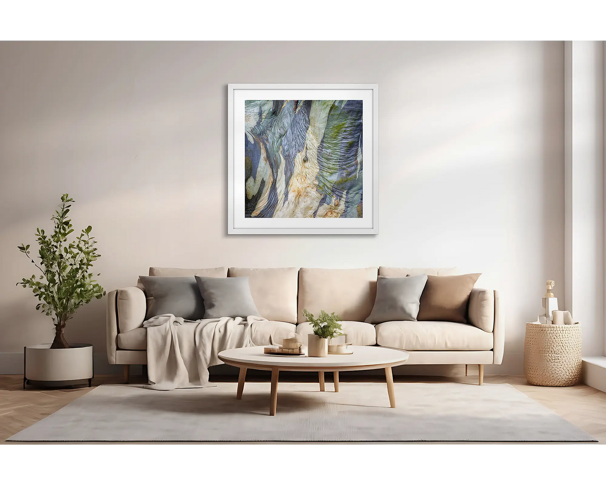 Continuity. Abstract wall art print of snow gum bark, with a white frame, hung above a couch. 