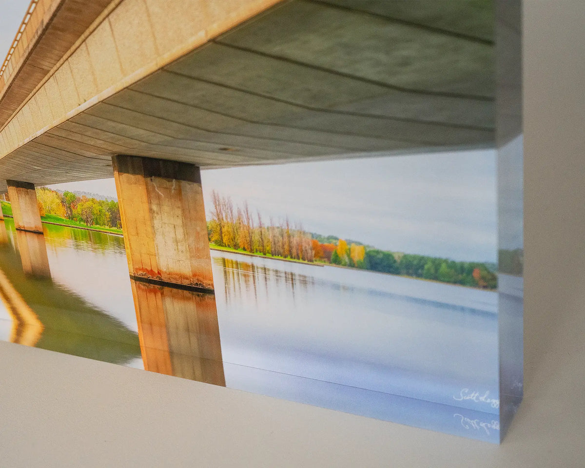 Convergent. Acrylic block of Commonwealth Avenue Bridge Canberra, close-up image showing 3D effect.