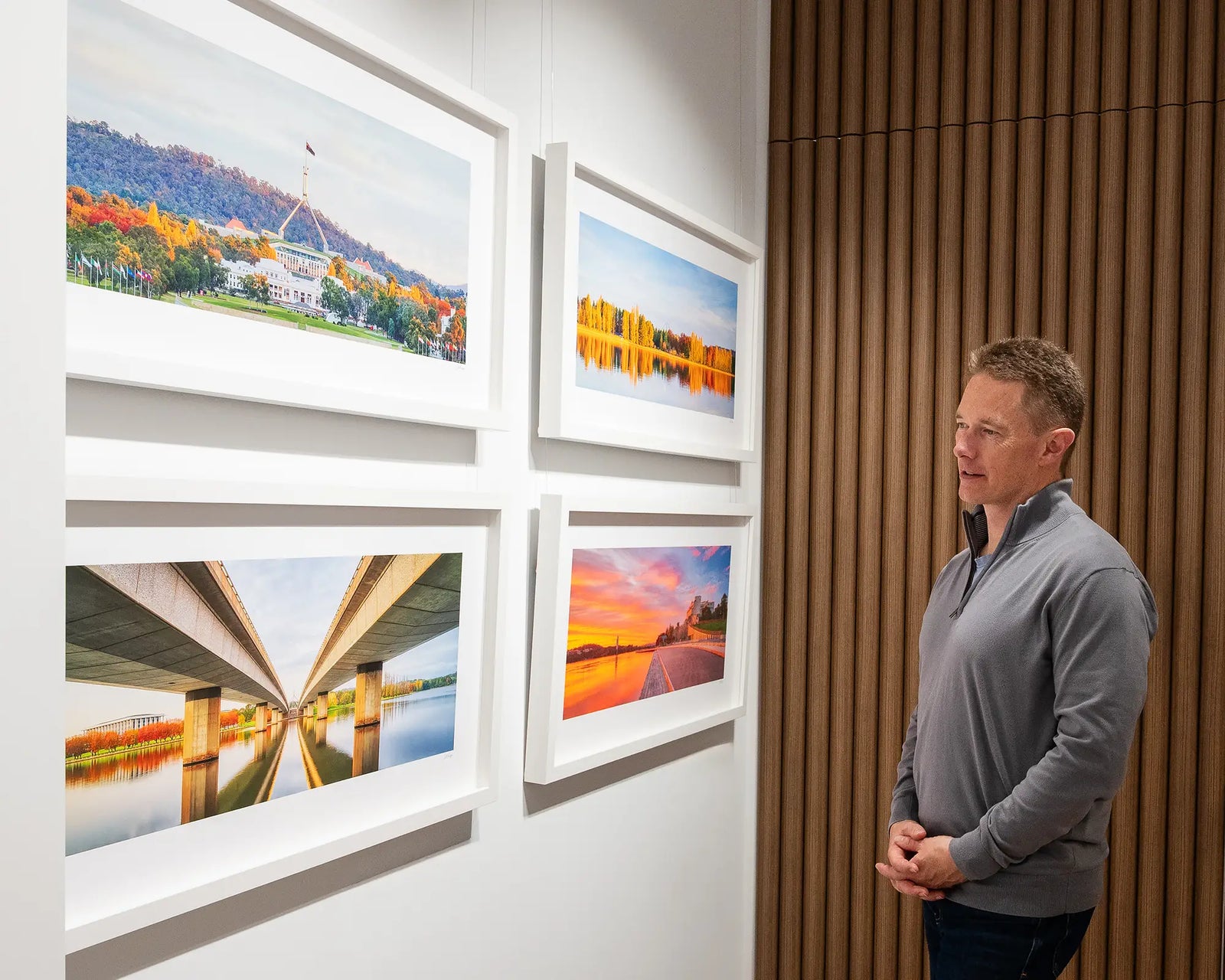 Framed photograph of Commonwealth Avenue Bridge with views to Parliament House, and the National Library. 