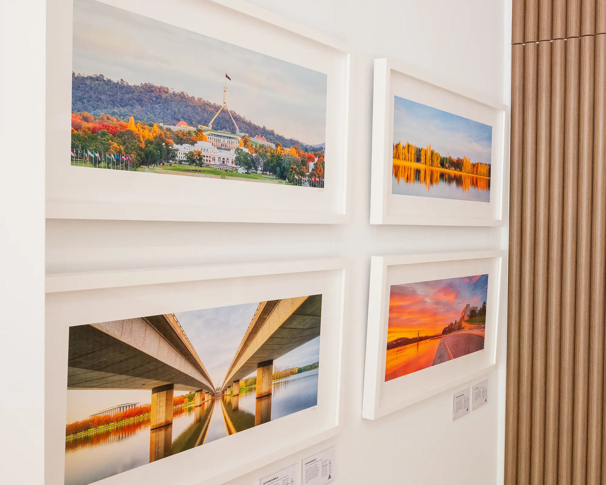 Convergent. Autumn sunrise under Commonwealth Avenue bridge, styled with more Canberra artworks.