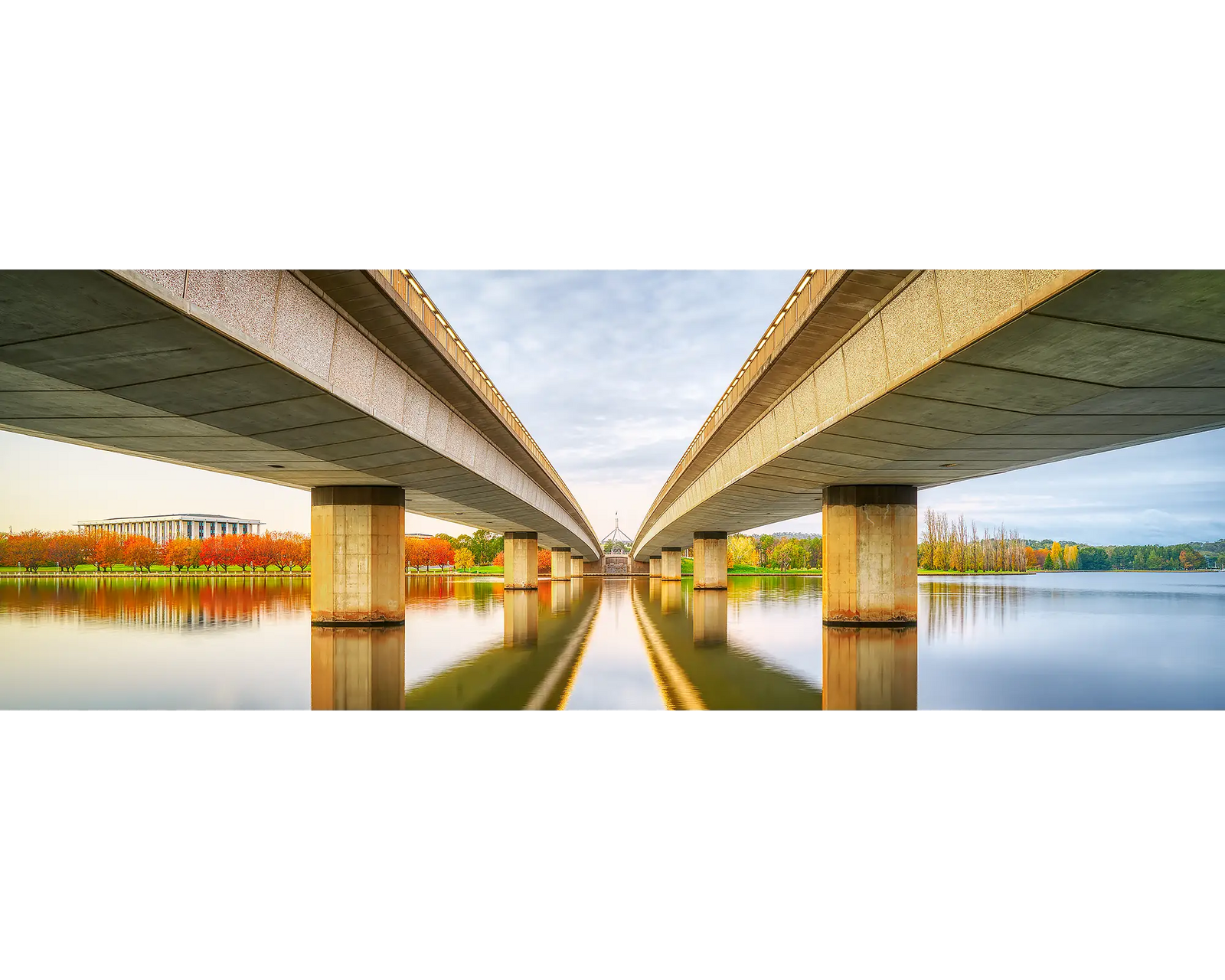 Convergent. Acrylic block of Commonwealth Avenue bridge on an autumn sunrise. Canberra artwork.