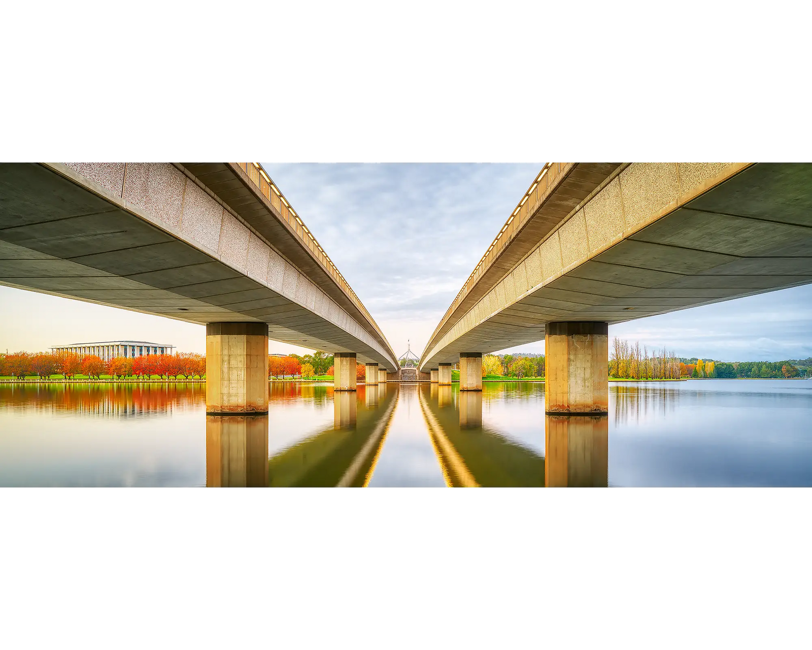 Convergent. Commonwealth Avenue Bridge, autumn sunrise, Canberra.