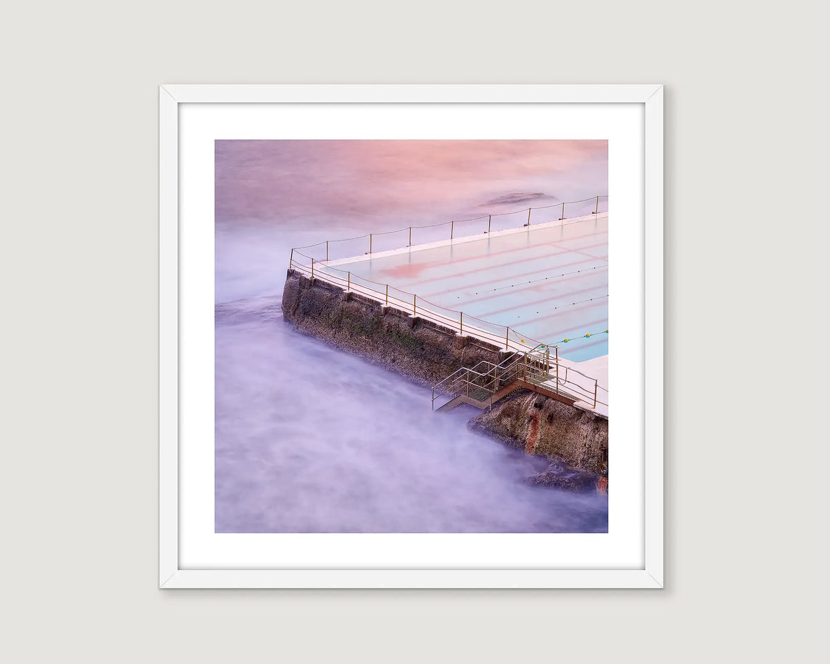 Framed photograph of Bondi Icebergs at sunrise. 
