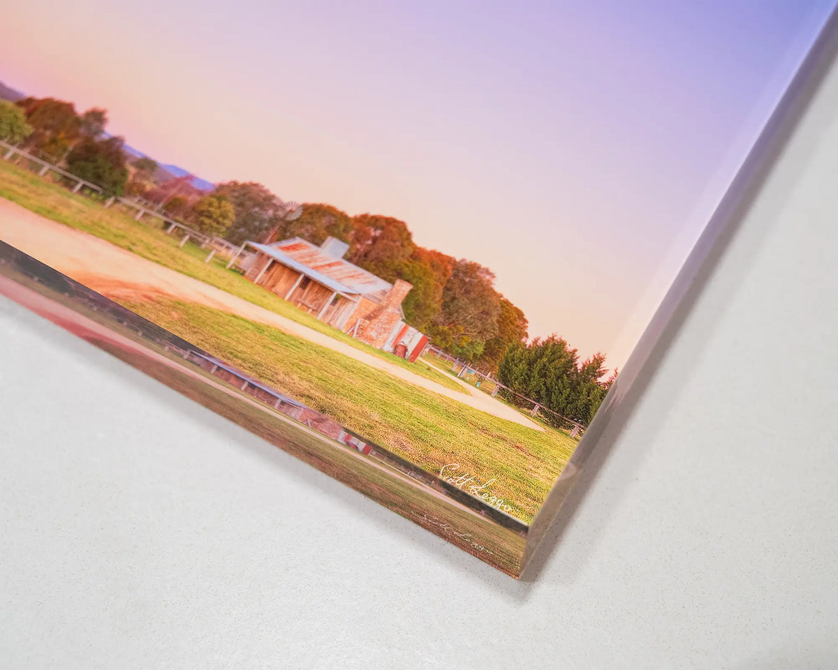 Country Charm. Acrylic block sunset at a Bungendore farmhouse, New South Wales, corner details laying flat on a desk.
