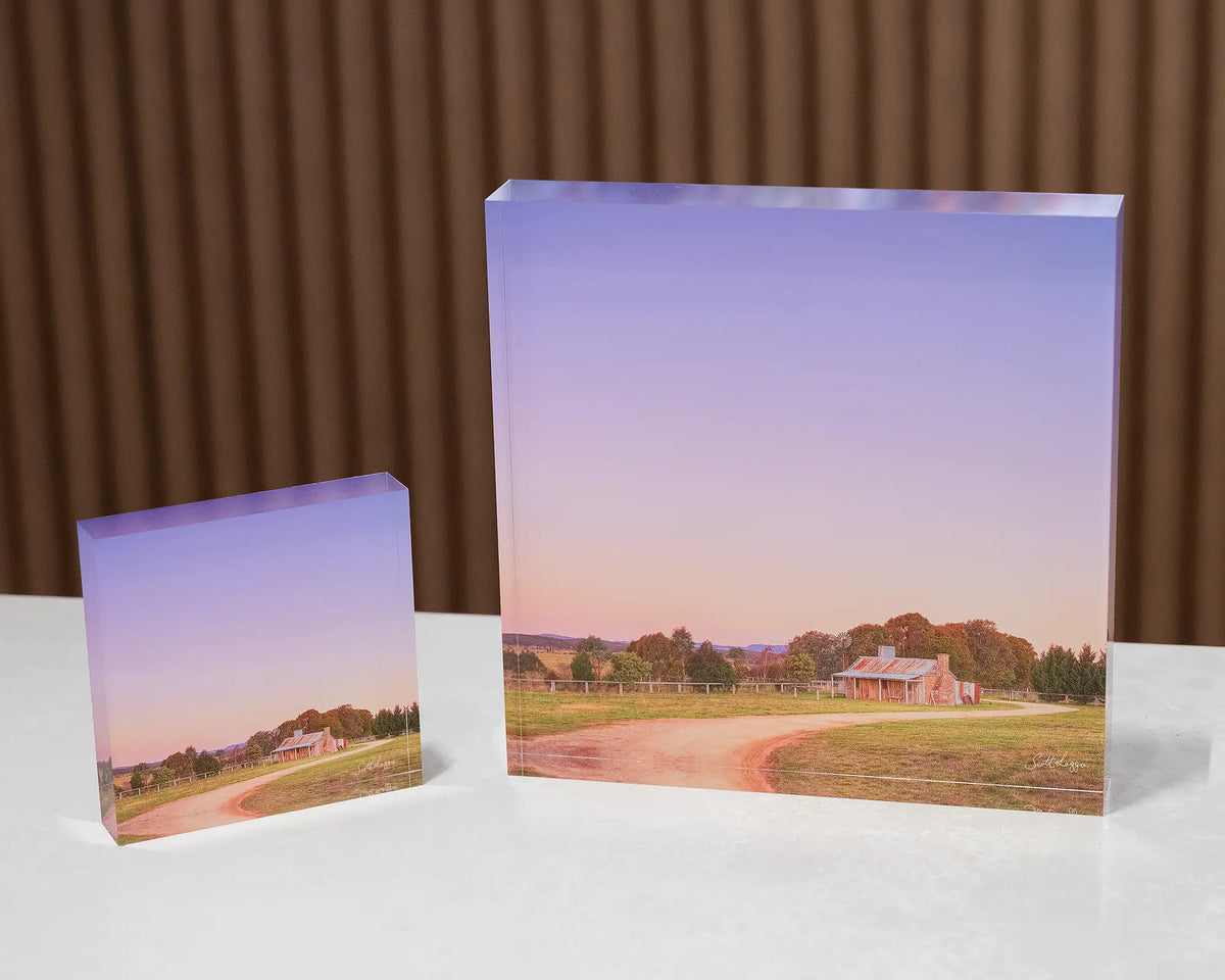 Country Charm. Acrylic blocks of sunset at an old farmhouse, Bungendore, New South Wales.