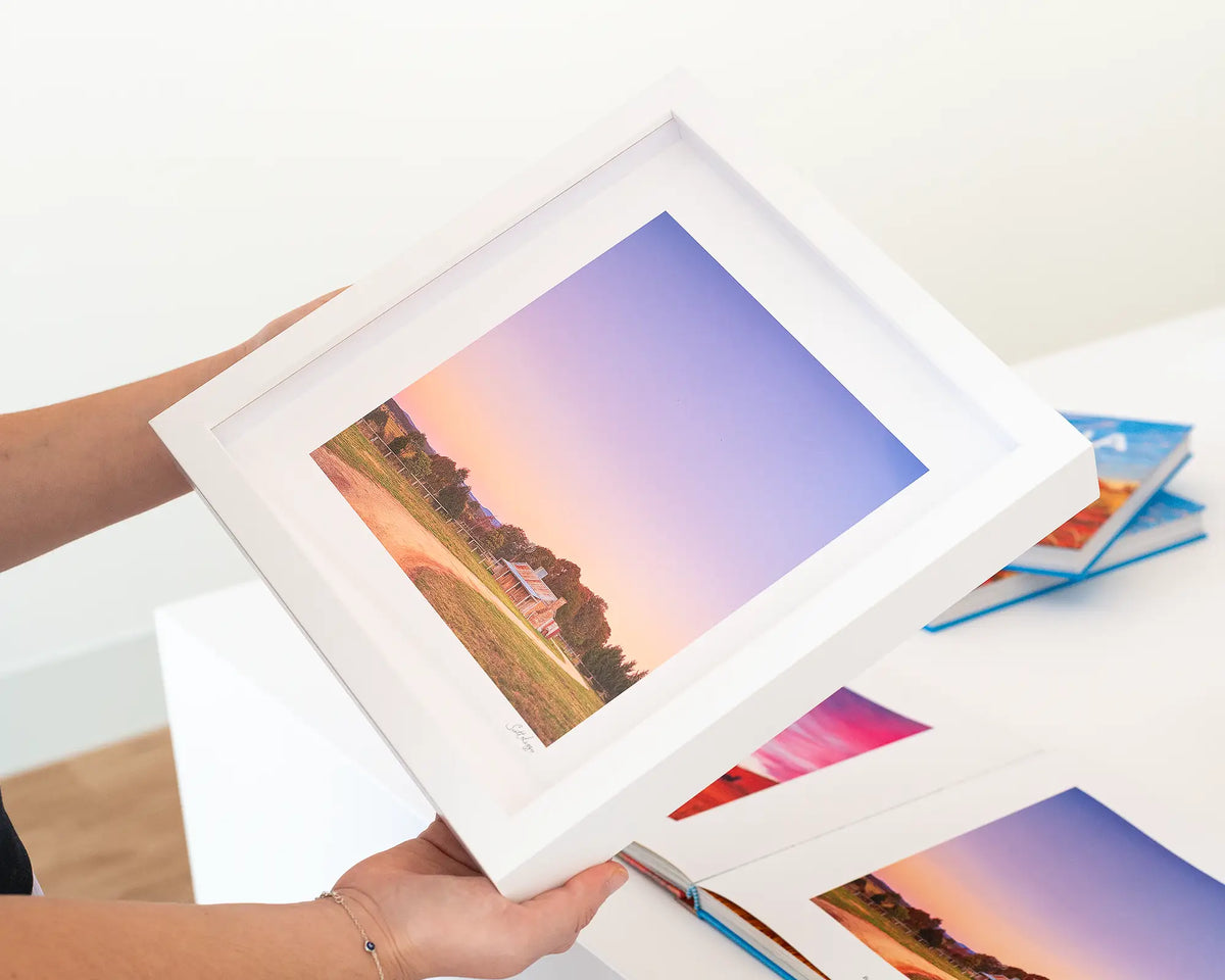 Country Charm. Rural Australia artwork, small framed print with a white frame.