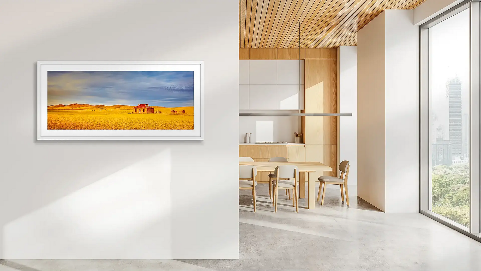 Country wall art with white frame in cbd office.