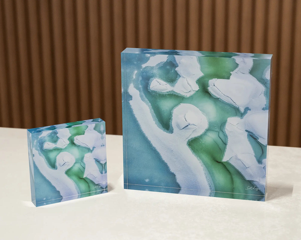 Cracked. Abstract image frozen Snowy River, Kosciuszko National Park, 10cm and 19cm acrylic blocks.
