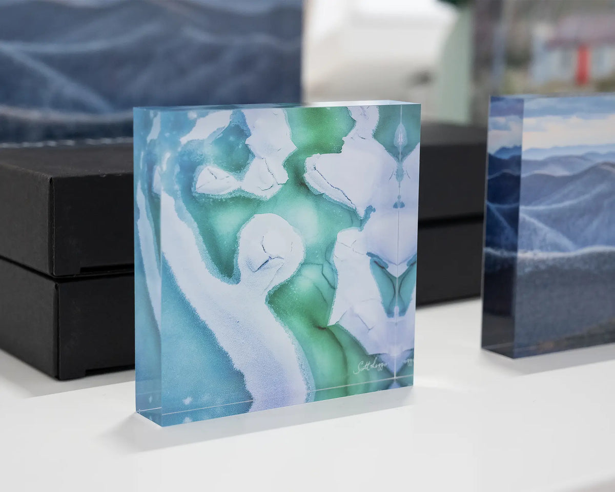 Cracked. Abstract acrylic block frozen Snowy River, Kosciuszko National Park, on display in gallery with alpine acrylic blocks.