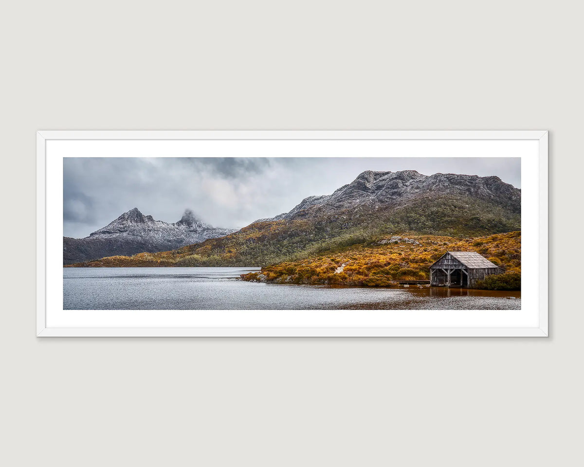 Photographic wall art print of the boat house at Dove Lake with Cradle Mountain in snow. 