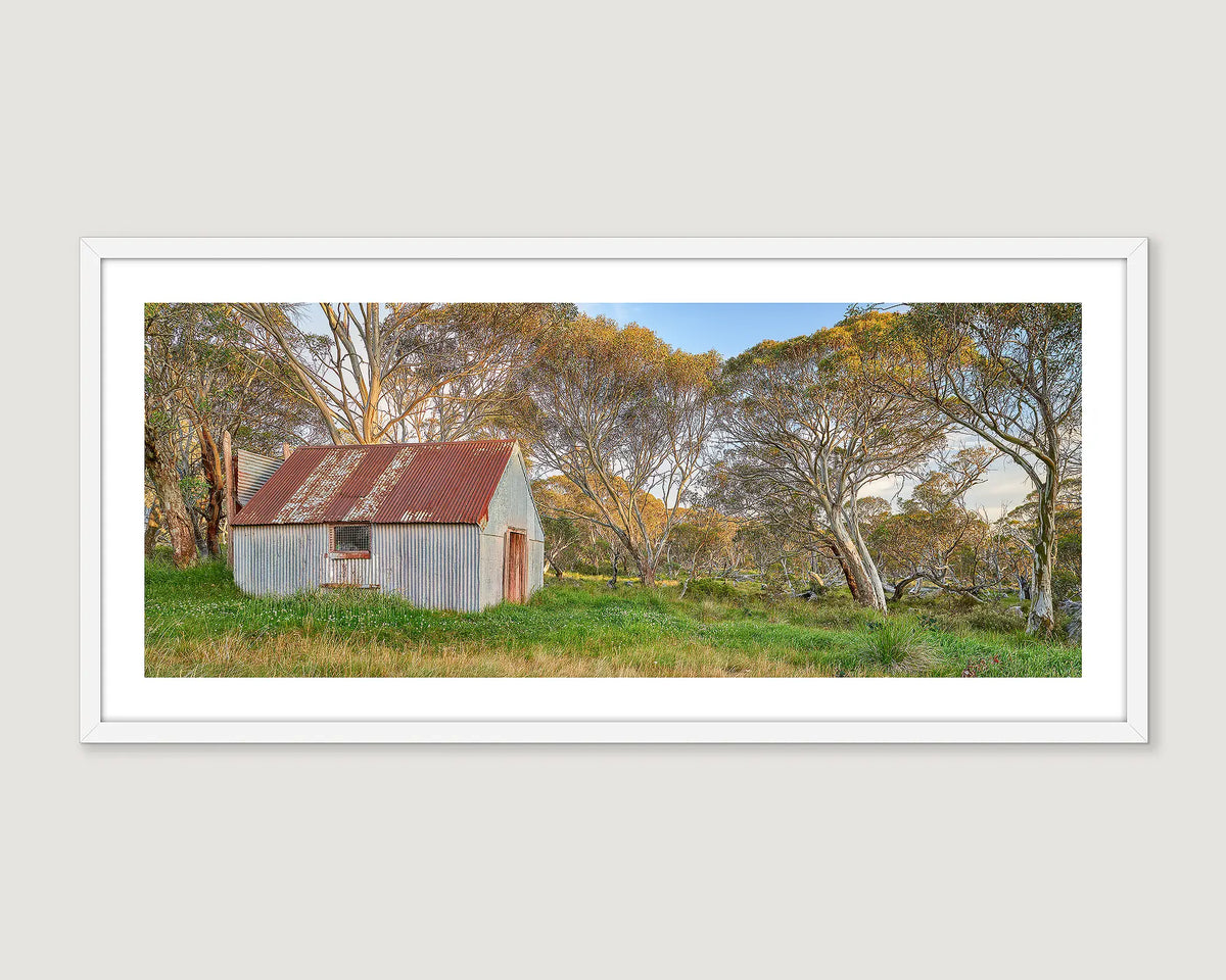Framed photograph of an early summer morning and a rusty CBR hut at  Diner Plains.
