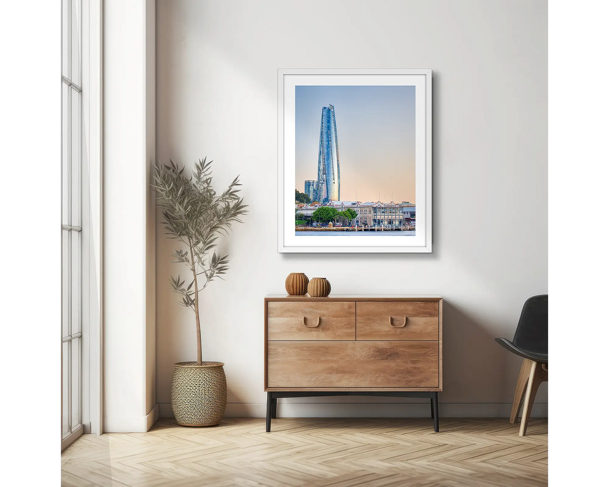 Crown Towers. Barangaroo photographic wall art print with a white frame, hung in a scandi hallway. 