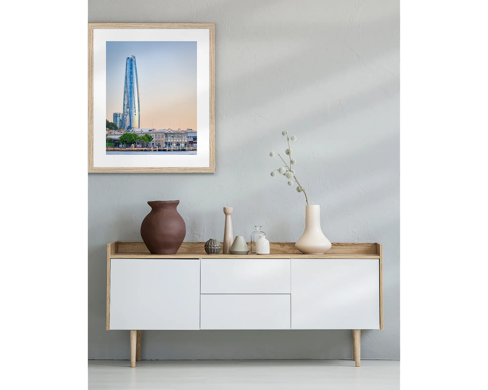 Framed photographic print of Crown Towers and the wharf at sunrise, Barangaroo, Sydney. 