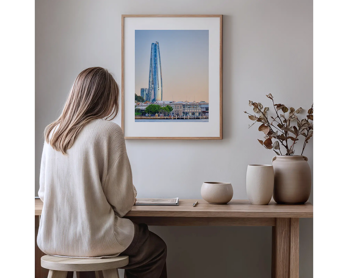 Crown Towers. Sydney photography artwork, with a timber frame, hung in a study nook.