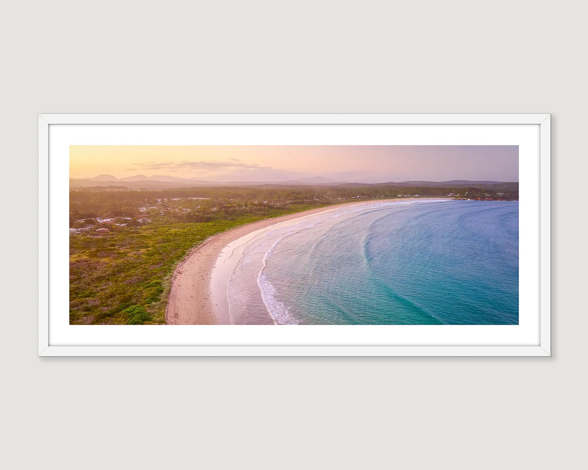 Framed South Coast wall art print of Broulee Beach at sunset. 