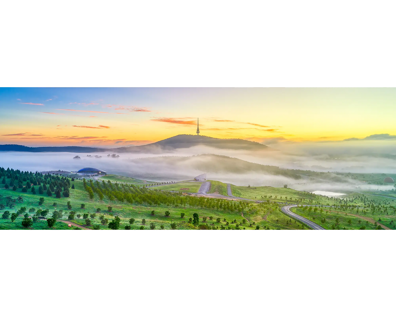 Early morning fog lingering over the National Arboretum, Canberra.