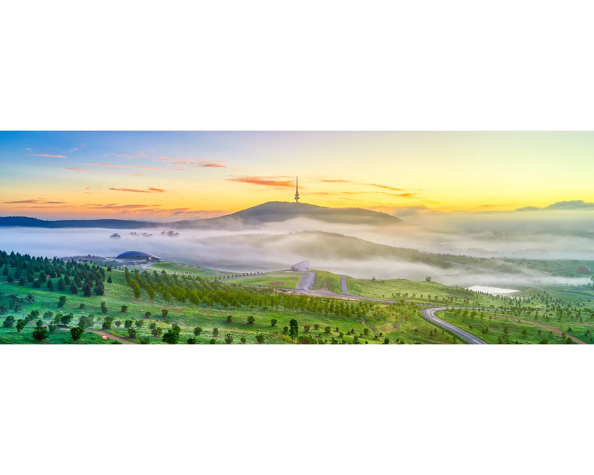 Early morning fog lingering over the National Arboretum, Canberra.