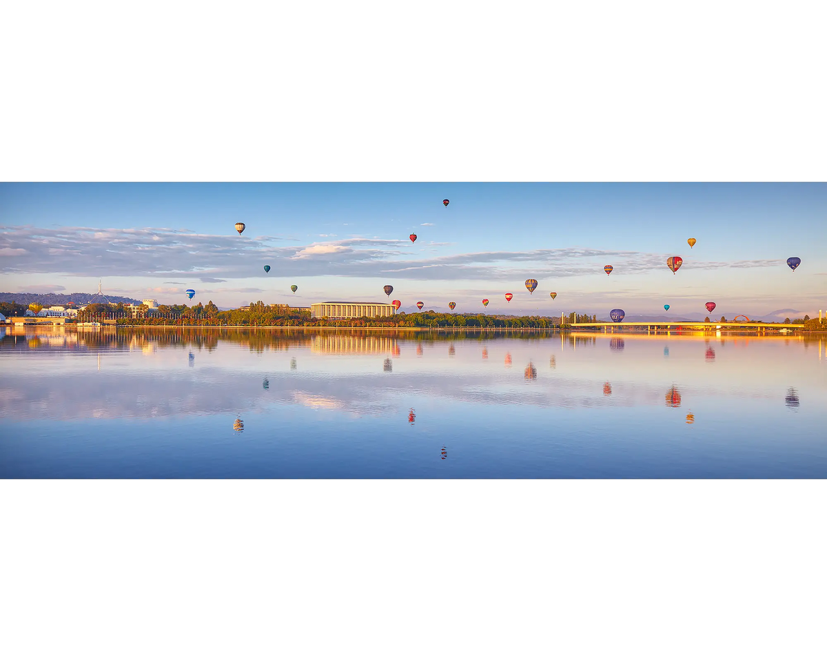 Hot air balloons over Lake Burley Griffin during the Canberra Balloon Spectacular. 