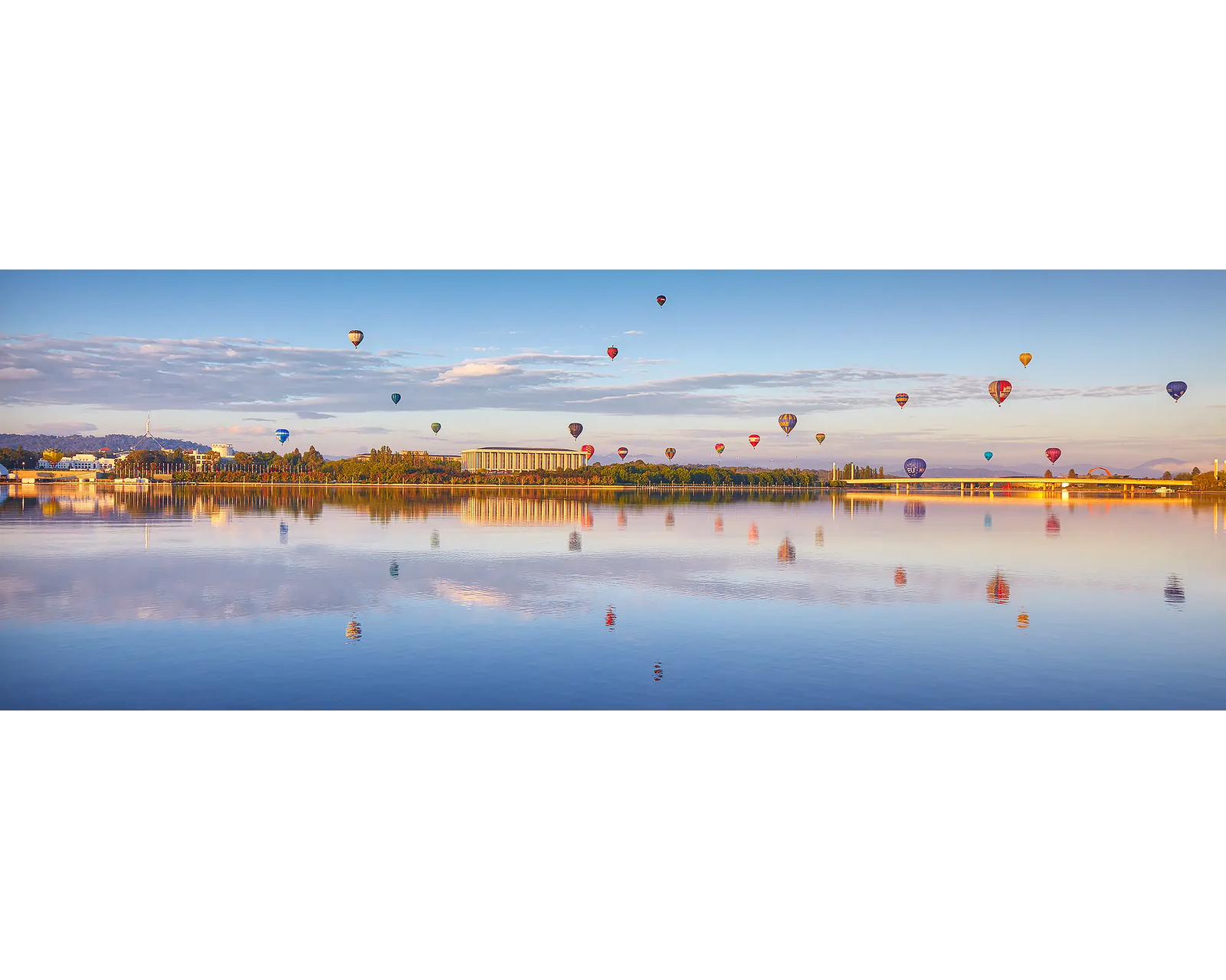 Dawn Drifters. Acrylic block of balloons over Canberra. Australian Artwork.