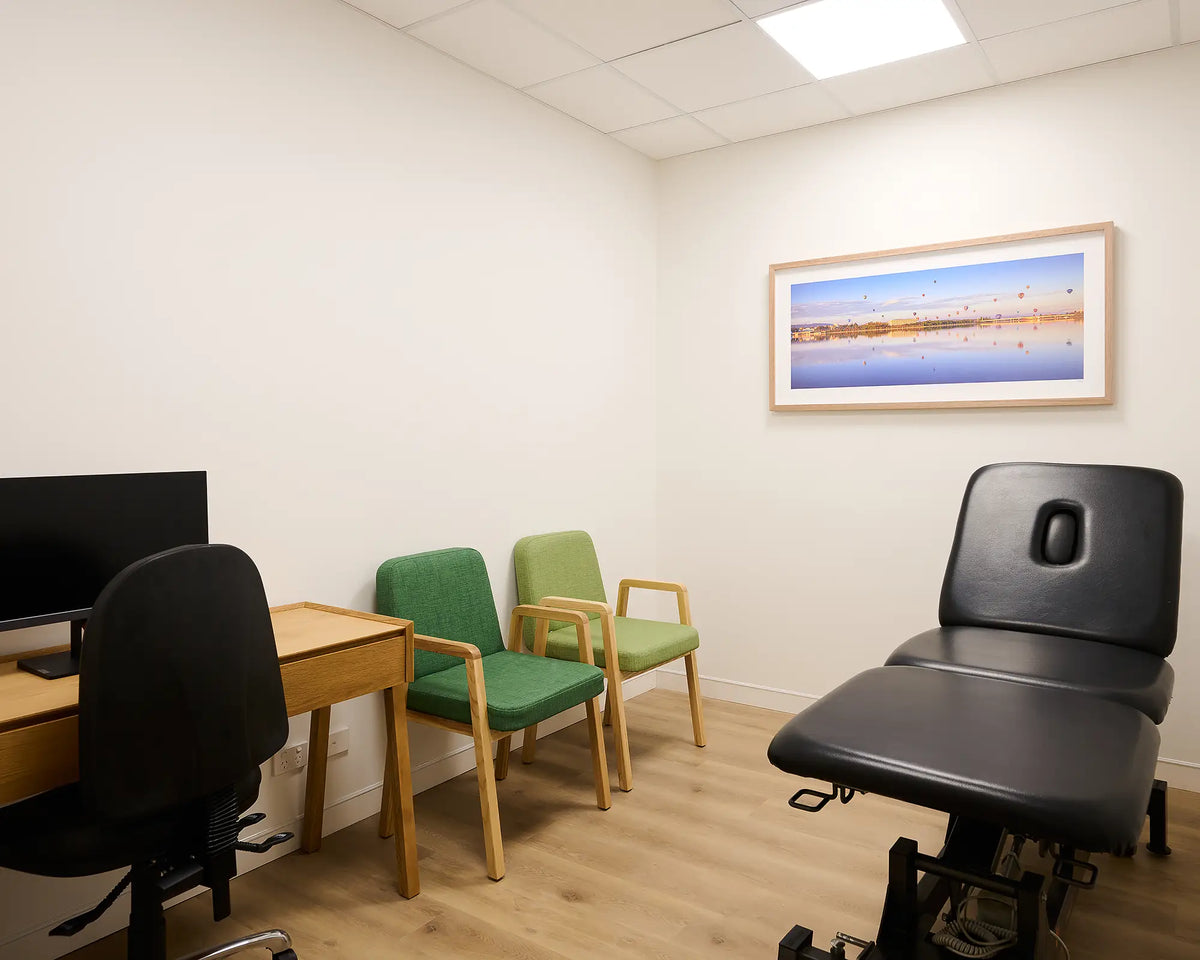 Dawn Drifters wall art print with timber frame, in consulting room of Walking Clinic, Canberra.