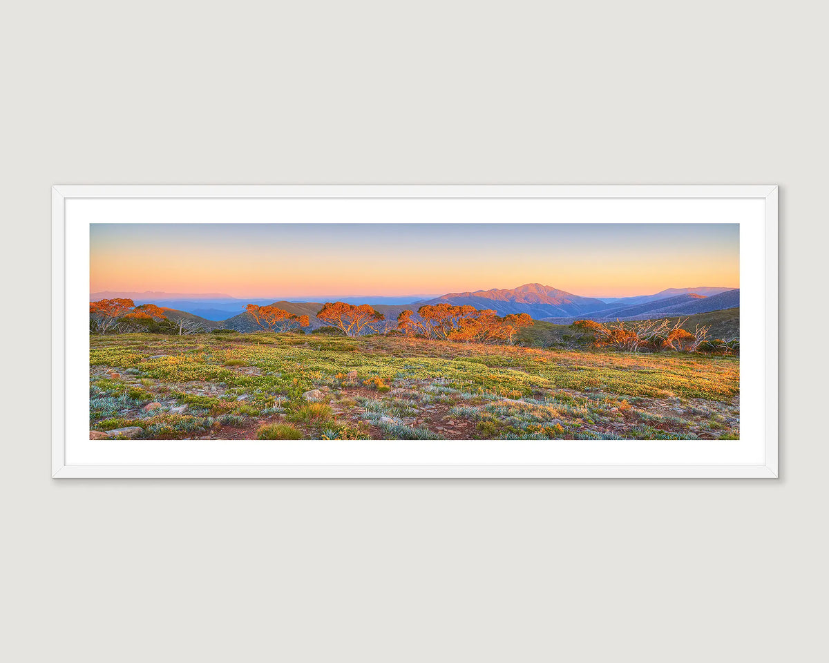 Framed wall art print of a summer sunrise over Mount Feathertop. 