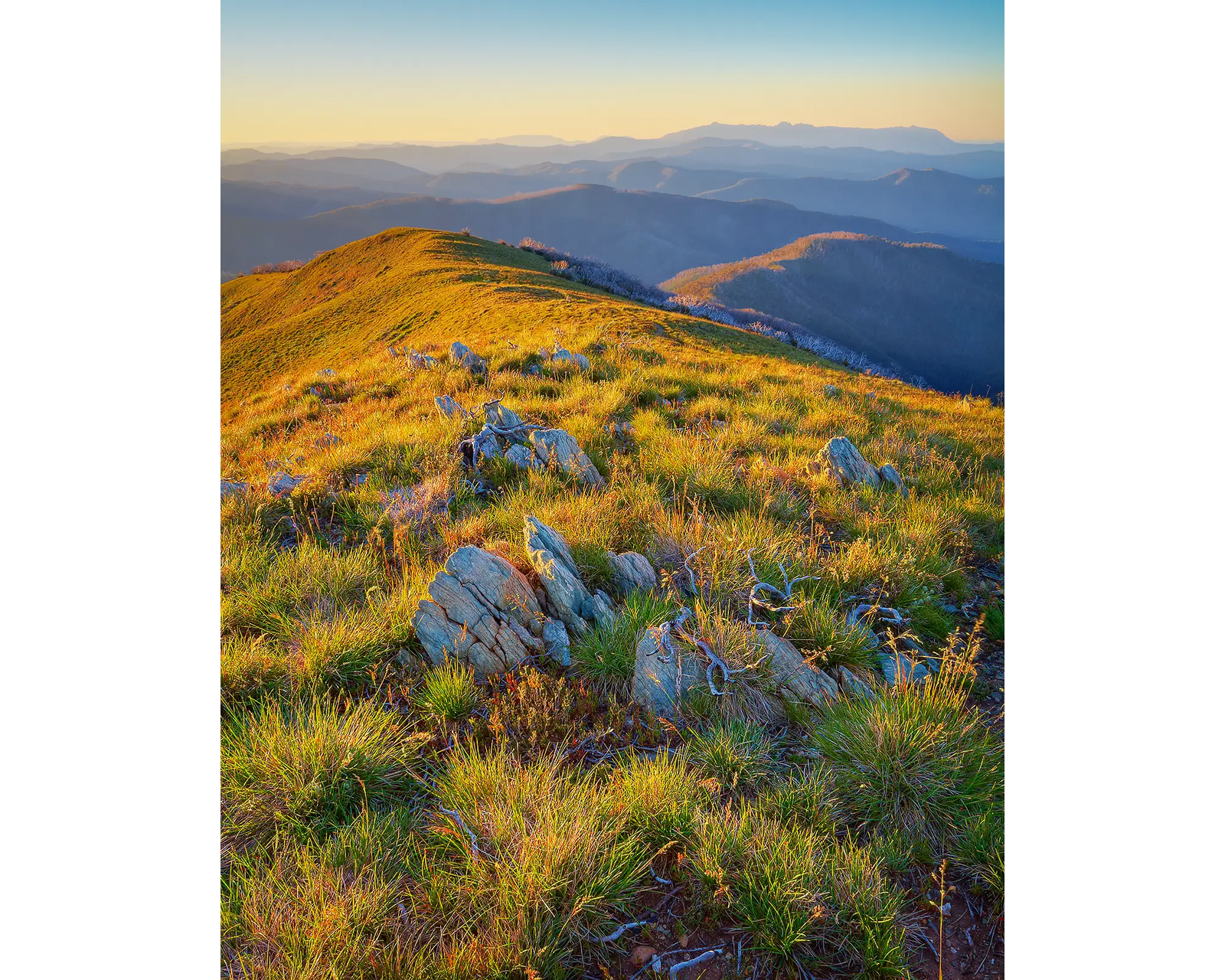 Days End. Acrylic block of Alpine National park at sunset, Australian artwork.