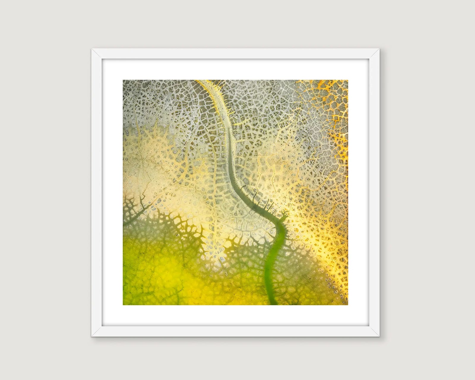 Framed abstract, aerial print of a dried out damn in rural Australia. 