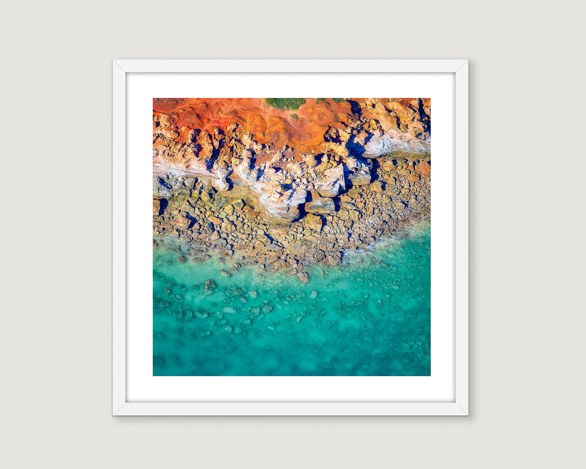 Photographic coastal wall art print of ancient rocks meeting the ocean at Gantheaume Point, Broome. 