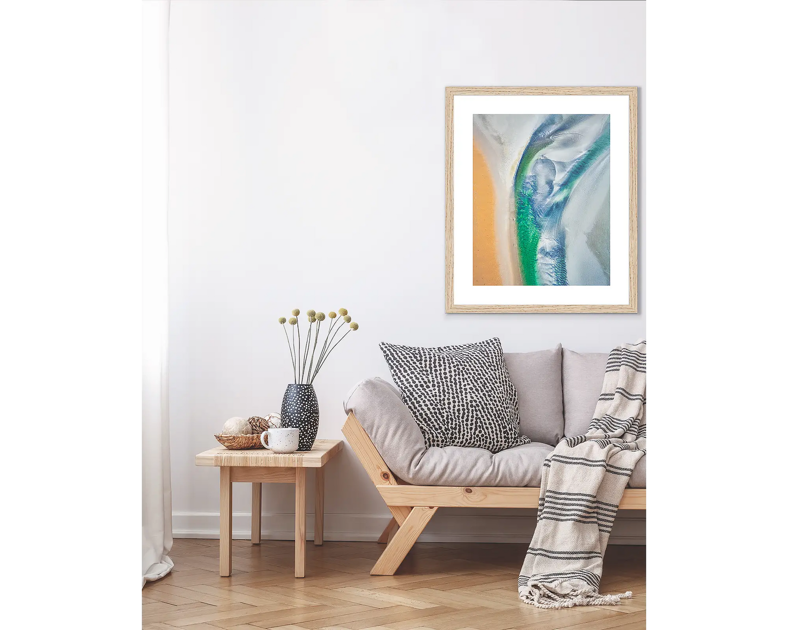 Framed abstract wall art of an aerial view of tidal patterns at Roebuck Bay.