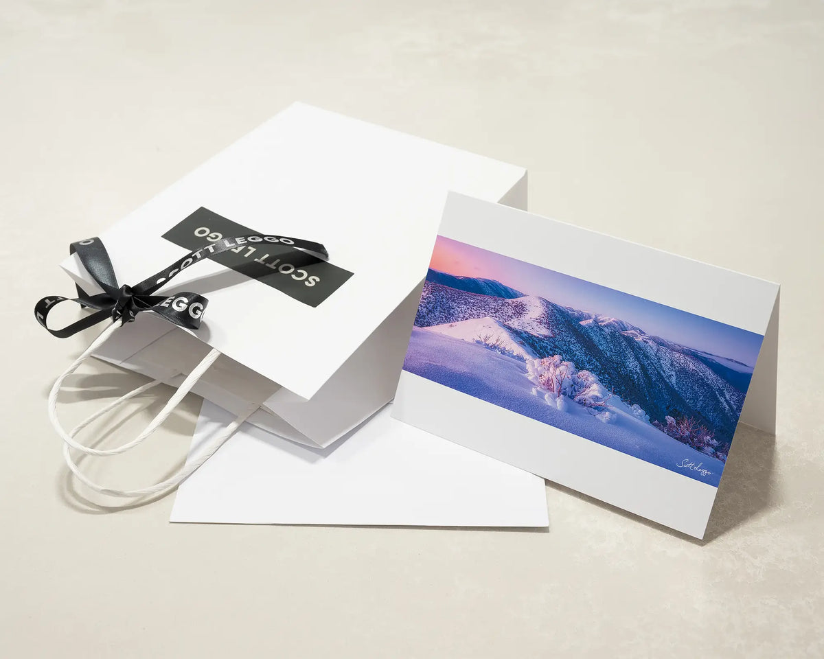 Distance greeting card of sunrise over Victorian alps, with Scott Leggo gift bag.