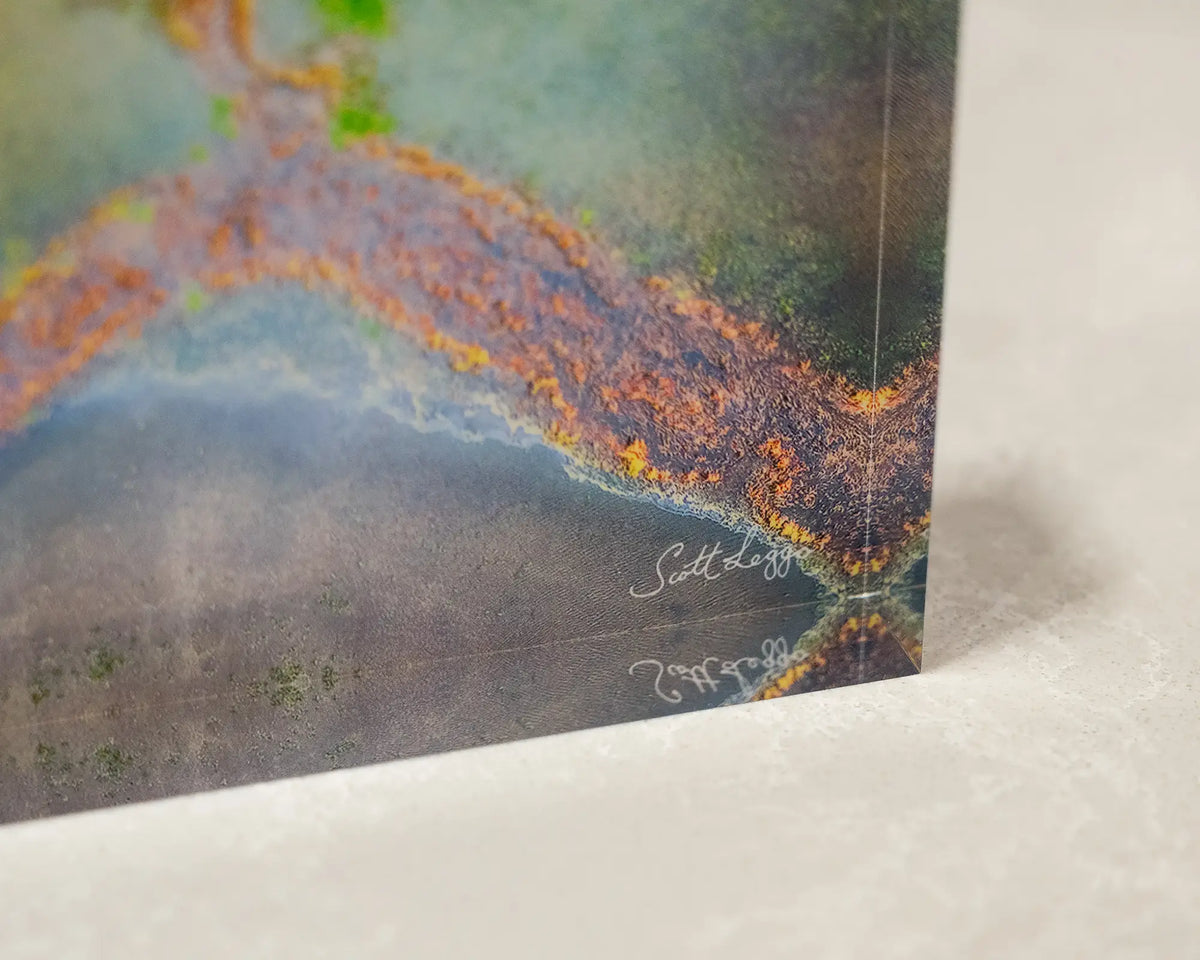 Divergent. Acrylic block abstract aerial view of Lake George, corner close-up details.
