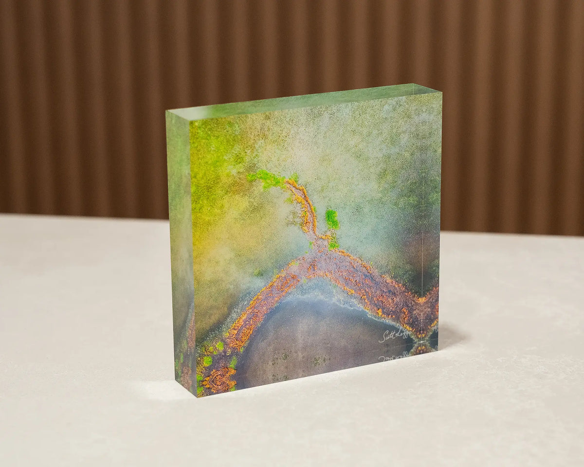 Divergent. Acrylic block abstract aerial view of Lake George, New South Wales.